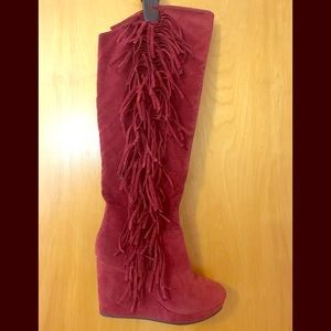 Nature Breeze Red wedge thigh high fringe boots